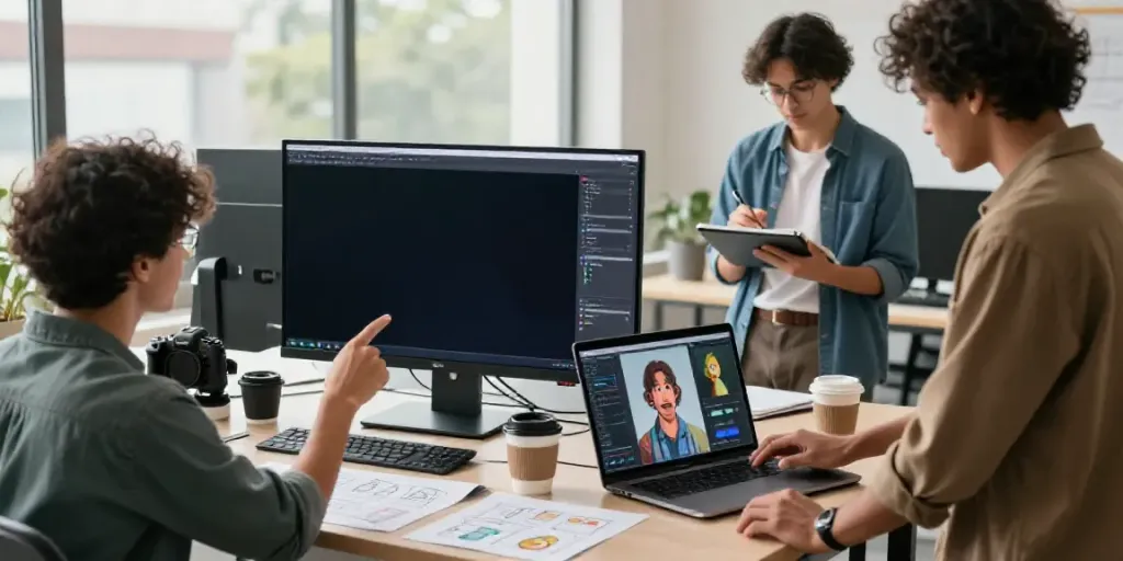 Team collaborating on AI image to video generator project in a bright digital studio.