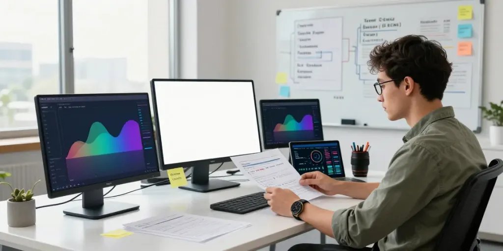 Data analyst reviewing SEO metrics for instant indexing in a modern office.
