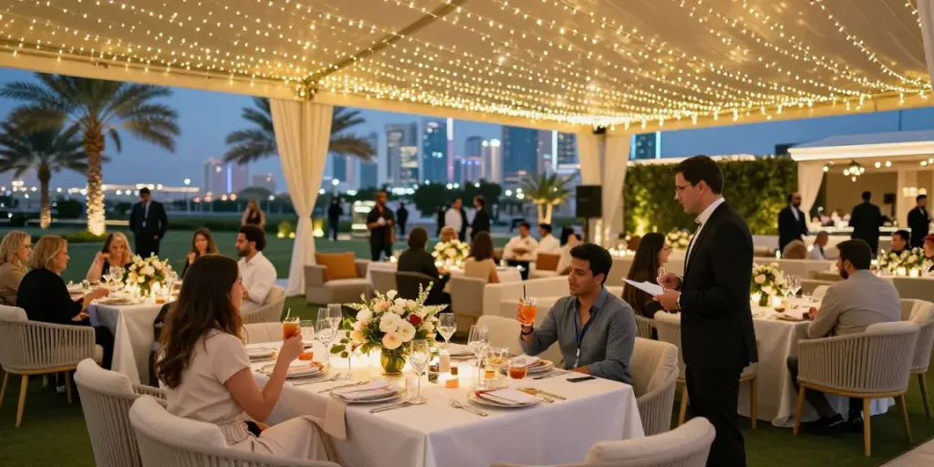 Stylish event rental KSA setup with elegant furniture and decor at an outdoor venue during evening.