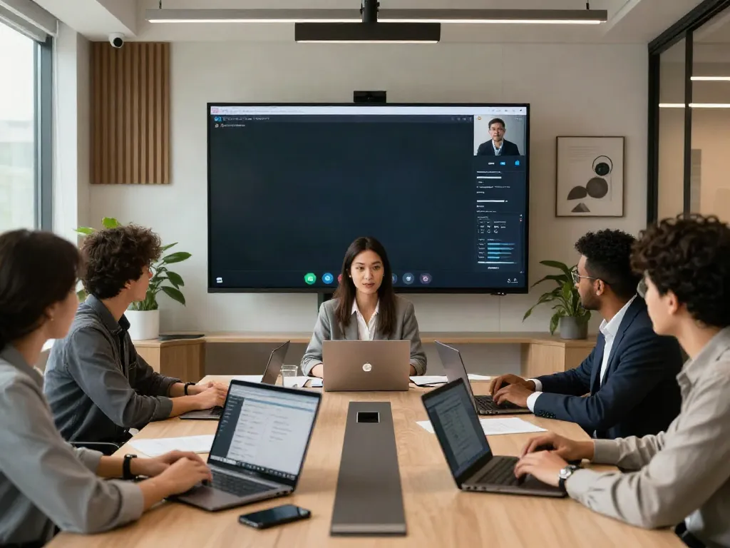 Deepfake protected Conferencing session with a diverse team collaborating securely around a conference table.