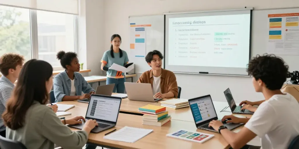 Engaged students in a bright online classroom learning English with interactive activities and modern technology.