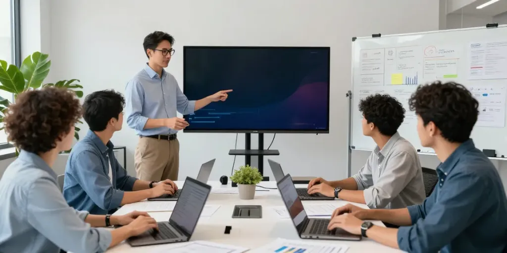 Team collaborating on Azure managed services in a modern office environment with data dashboards and active discussions.