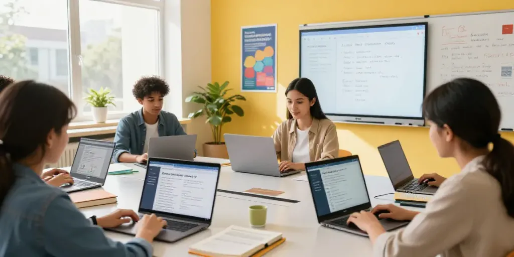 Toto language learning scene with diverse students engaging in interactive online education