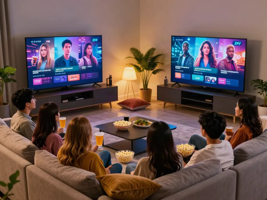 Group watching jav subtitle Indonesia movie on sofa with popcorn