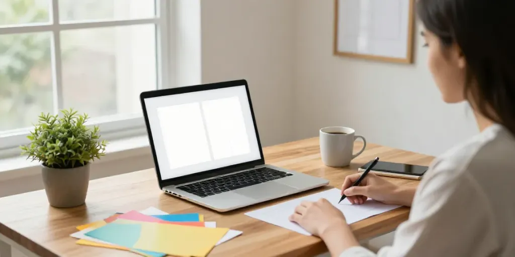 Home office creating diploma replacements online with stylish decor and bright lighting.