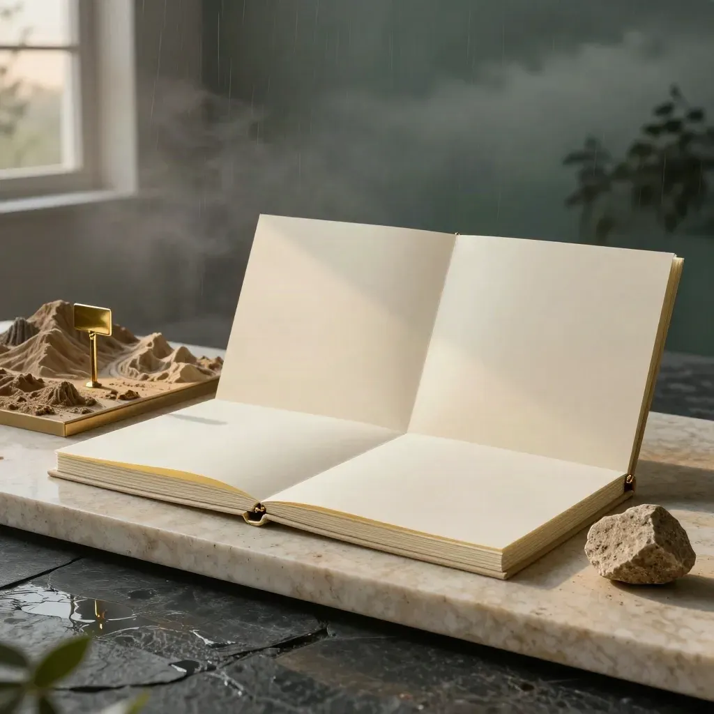 Cream land deal pack with terrain maquette, brass marker, and sandstone sample on travertine.