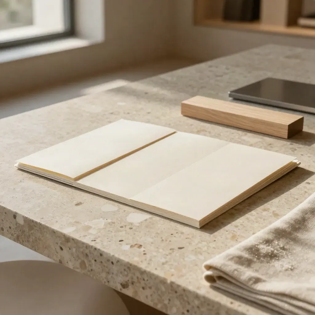 Sand folio with three inserts, wood block and ceramic sample on travertine and linen