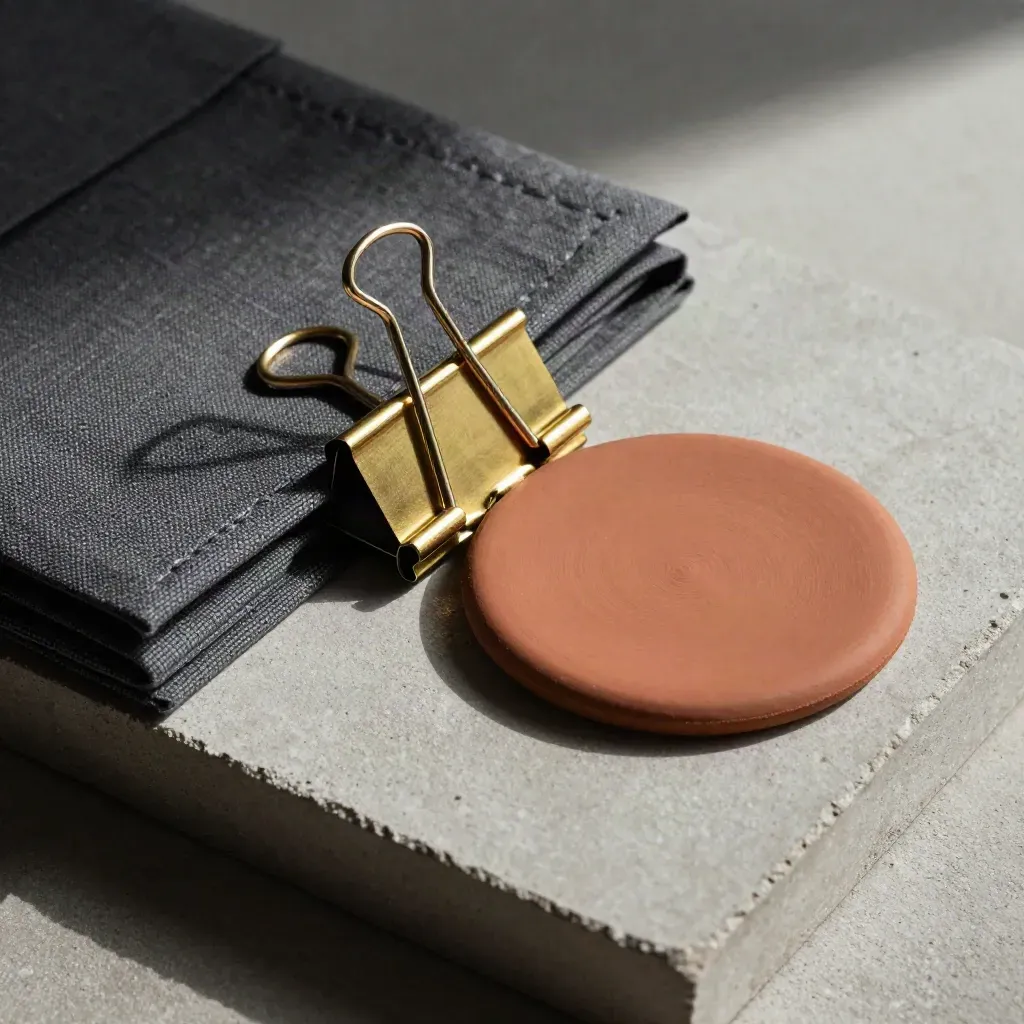 Macro of a charcoal linen land review folio with brass clip and clay disc on concrete.