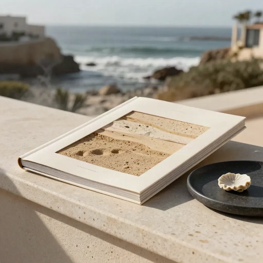 Cream site-picks folio with sandstone inserts, stone sample and charcoal tray on a sunlit coastal ledge