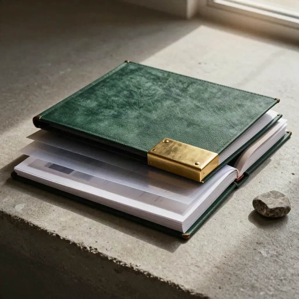 Overhead green land-deal folios on concrete with brass detail and stone chip.