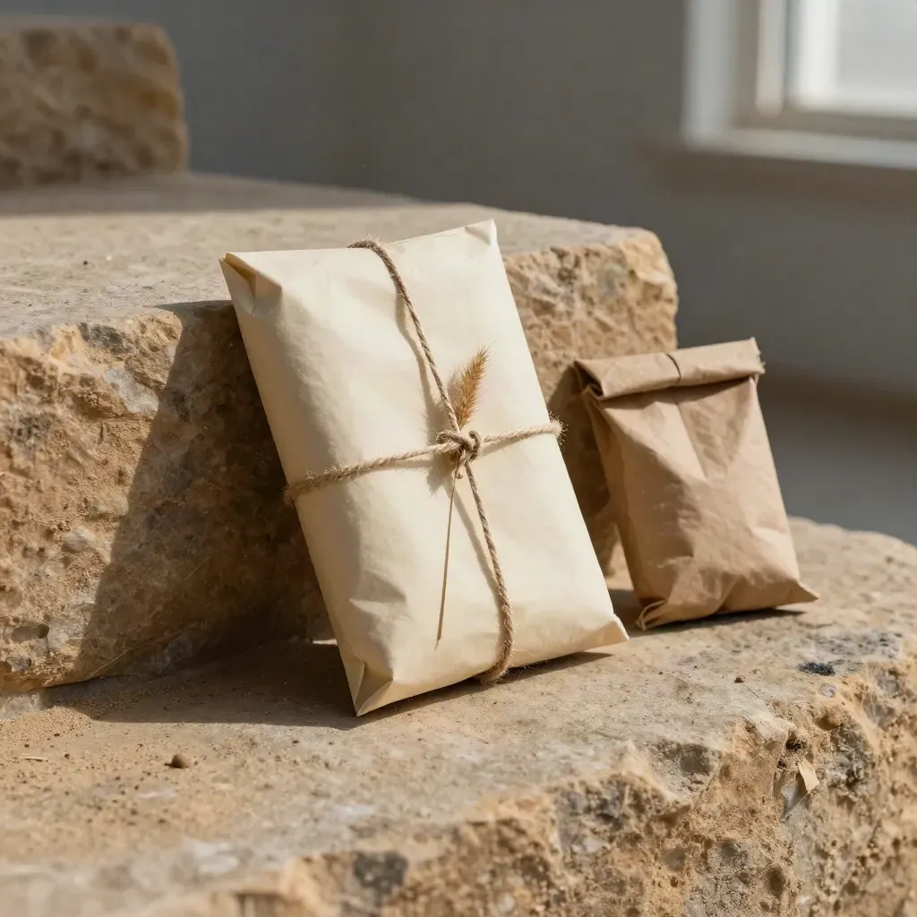 Kraft outreach kit with twine and grass stem leaning against sandstone in dusty raking light.