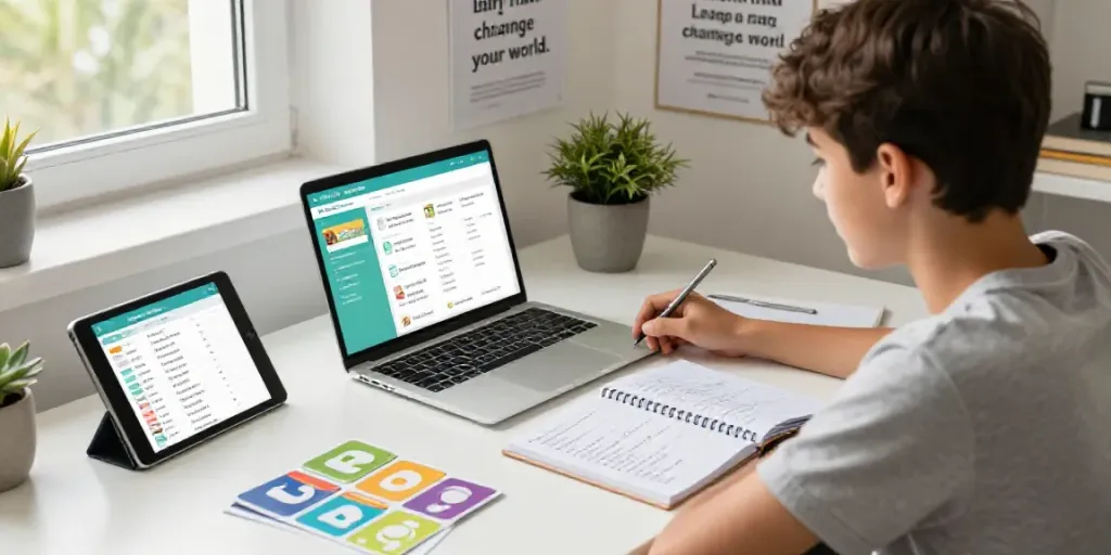 Cozy home office scene showcasing English learning with interactive courses, study materials, and natural light.