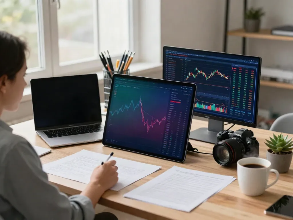 Financial analysis at home office showcasing charts and laptop with FintechZoom.com trends.
