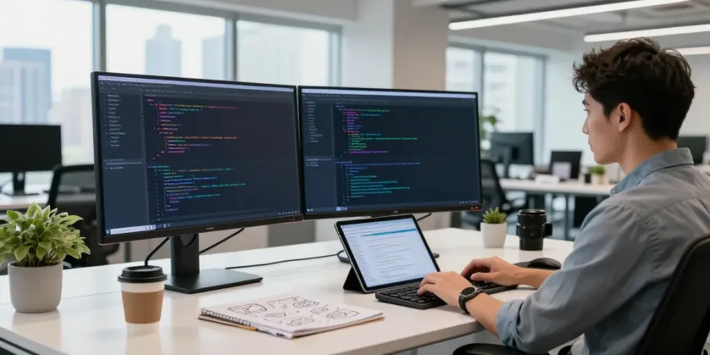 Developer working on Android apps at h5.2113.net in a vibrant, modern workspace.