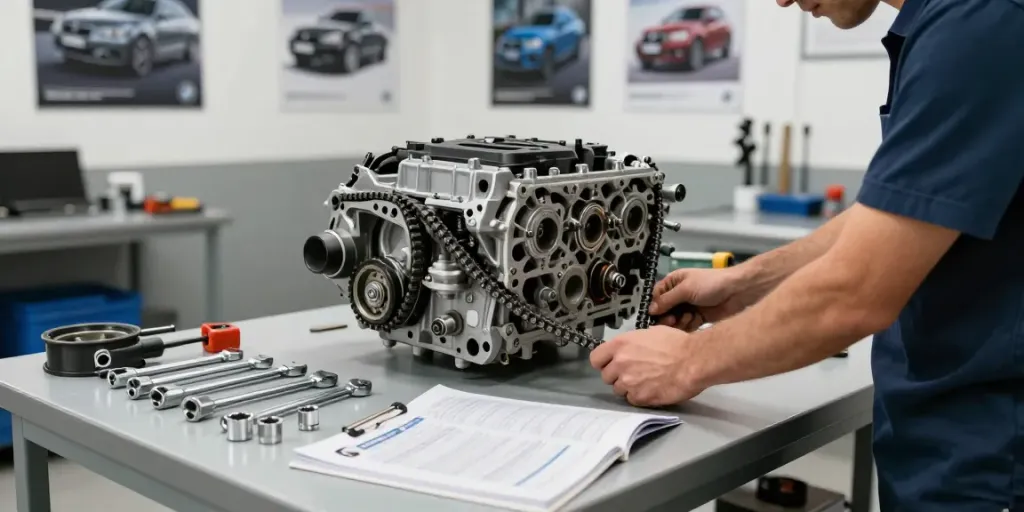 BMW Steuerkette wechseln in einer professionellen Werkstatt mit Mechaniker und Werkzeugen.